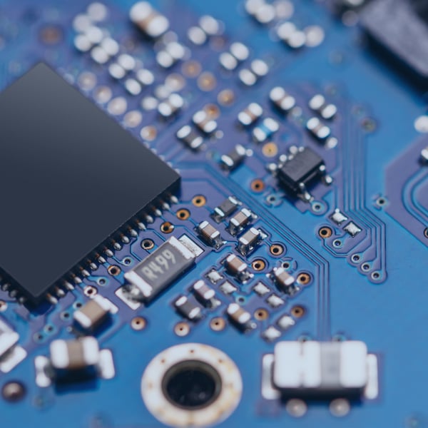 Close-up of semiconductor chips on a circuit board