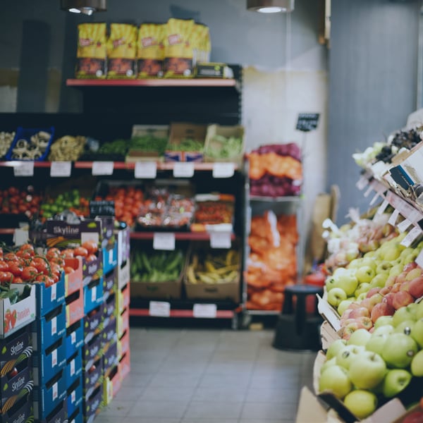Aisles filled with groceries and products in a supermarket